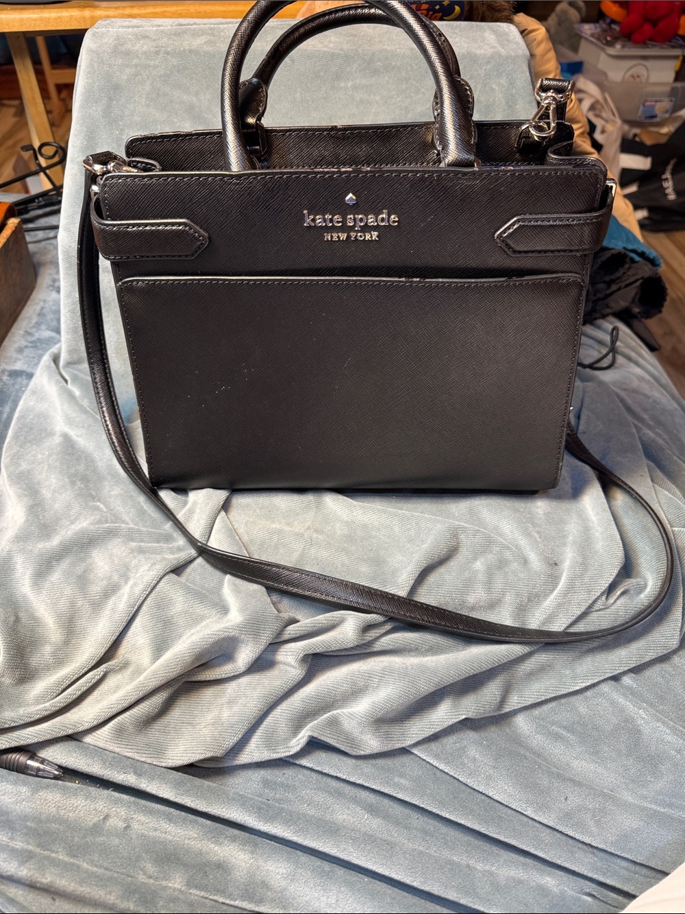 kate spade black vegan leather top-handle purse with crossbody strap